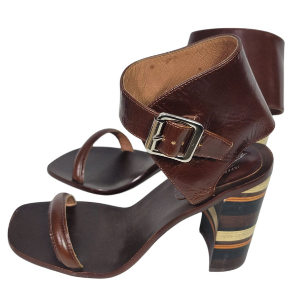 Free People Cabana Heels Brown Jeffrey Campbell Leather Sandals Wooden Block 7 - Picture 8 of 14